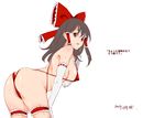  ass bent_over black_eyes black_hair bow breasts brown_hair covered_nipples elbow_gloves gloves hair_bow hair_tubes hakurei_reimu leg_garter long_hair looking_at_viewer medium_breasts nyuu_(manekin-eko) partially_visible_vulva red_bow red_swimsuit ribbon-trimmed_gloves ribbon_trim slingshot_swimsuit solo sweat swimsuit touhou translated white_gloves 