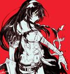  bandaged_arm bandages bare_shoulders belt black_hair breasts choker collarbone highres long_hair medium_breasts monochrome solo tales_of_(series) tales_of_berseria torn_clothes underboob velvet_crowe very_long_hair 