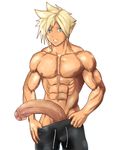  1boy abs bara blonde_hair blue_eyes cloud_strife erection final_fantasy final_fantasy_vii jewelry large_penis lostanemone male_focus muscle pants pecs penis simple_background solo tan tanned teeth 