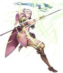  armor armored_boots banner boots breastplate elbow_pads elfi_(fire_emblem_if) faulds fire_emblem fire_emblem_heroes fire_emblem_if from_side full_body gauntlets greaves green_eyes grey_hair haccan hair_bun highres knee_pads knee_up official_art open_mouth pauldrons polearm shield sidelocks solo spear teeth transparent_background vambraces weapon 