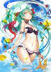  aqua_hair bangs bare_shoulders bikini black_bikini blue_sky blush breasts commentary_request day fish floating_hair flower green_hair hair_flower hair_ornament half-closed_eyes hatsune_miku highres long_hair looking_at_viewer medium_breasts mikazuki_akira! navel ocean parted_lips petals red_flower sidelocks sky solo swimsuit thighs twintails very_long_hair vocaloid wading yellow_flower 