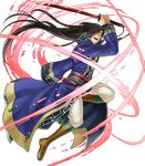  boots brown_hair coat crazy_smile fire_emblem fire_emblem:_rekka_no_ken fire_emblem_heroes full_body hair_over_one_eye highres karel kita_senri long_coat long_hair male_focus official_art open_mouth solo sword teeth transparent_background very_long_hair weapon yellow_eyes 
