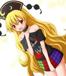  bare_shoulders black_shirt blonde_hair blush checkered checkered_skirt choker collarbone cosplay dutch_angle embarrassed fengguan hat hecatia_lapislazuli hecatia_lapislazuli_(cosplay) junko_(touhou) long_hair looking_at_viewer red_eyes shirt simple_background skirt skirt_tug sparkle standing sweatdrop t-shirt teoi_(good_chaos) touhou white_background 