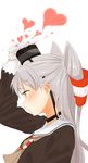  absurdres amatsukaze_(kantai_collection) arm_up bangs black_dress blush bouen closed_mouth commentary_request dress eyebrows_visible_through_hair from_side gloves grey_hair hair_tubes hand_on_headwear hat heart heart_steam highres innertube kantai_collection long_hair long_sleeves mini_hat profile sailor_dress silver_hair simple_background smokestack solo two_side_up upper_body white_background white_gloves yellow_eyes 