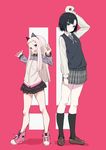  2girls :o absurdres animal_ears black_hair black_legwear black_skirt blue_eyes bob_cut bouen brown_footwear cat_ears character_request collared_shirt commentary_request converse copyright_request fake_animal_ears grey_hair grey_skirt hands_up highres jacket kneehighs legs_apart loafers long_hair long_sleeves looking_at_viewer miniskirt multiple_girls open_mouth pink_background pink_footwear plaid plaid_skirt pleated_skirt purple_eyes school_uniform shirt shoes short_hair sidelocks simple_background skirt skull sneakers standing sweater_vest teeth track_jacket two-tone_background white_shirt 