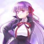  bb_(fate)_(all) bb_(fate/extra_ccc) breasts commentary_request fate/extra fate/extra_ccc fate_(series) gloves hair_ribbon hanjuku_tomato large_breasts long_hair looking_at_viewer purple_eyes purple_hair ribbon smile smug solo very_long_hair white_gloves 