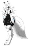  abstract_background ar-ameth armwear blue_eyes claws clothing digimon female flat_chested glowing janus_(jeffthehusky) machine markings pose renamon robot standing thick_thighs voluptuous wide_hips 