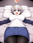  :d afterimage bed black_legwear blue_eyes blush breasts commentary_request denim denim_skirt empty_eyes fang hypnosis large_breasts lying mind_control null_(nyanpyoun) on_back open_mouth pantyhose pillow short_hair silver_hair skirt smile solo_focus string uzaki-chan_wa_asobitai! uzaki_hana yen 
