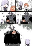  baby_carrier babywearing bare_arms carrying chaldea_uniform check_translation cloak comic eiri_(eirri) fate/grand_order fate_(series) fujimaru_ritsuka_(female) glowing glowing_eyes hair_ornament hair_scrunchie horns king_hassan_(fate/grand_order) mash_kyrielight mask orange_hair purple_hair scrunchie short_hair side_ponytail skull skull_mask translation_request 