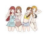  4girls :p ;o aqua_bikini bangle bead_necklace beads bikini bikini_shorts black_bikini blonde_hair blunt_bangs blush_stickers bob_cut bracelet breasts brown_bikini brown_eyes brown_hair brown_hairband cleavage cropped_legs earrings eyelashes frilled_bikini_top futami_mami gyozawantan02 hagiwara_yukiho hairband highleg highleg_bikini highres idolmaster idolmaster_(classic) inverted_bob jewelry large_breasts long_hair lower_lip_only medium_breasts momose_rio multicolored_bikini multiple_girls necklace one-piece_swimsuit one_eye_closed parted_bangs pink_eyes plaid_bikini plaid_clothes polka_dot puckered_lips red_hair short_hair shorts side_ponytail small_breasts swept_bangs swimsuit swimsuit_skirt tanaka_kotoha tehhau_(sup_calon) tongue tongue_out unmoving_pattern waving white_background white_bikini yellow_bikini 