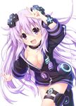  adult_neptune blush bracelet breasts center_opening cleavage cowboy_shot d-pad d-pad_hair_ornament eyebrows_visible_through_hair hair_ornament hood jacket jewelry leaning_forward long_hair looking_at_viewer matokechi medium_breasts neck_ring neptune_(series) open_clothes open_mouth outstretched_arm purple_eyes purple_hair shin_jigen_game_neptune_vii shoes smile solo standing thigh_strap track_jacket usb v white_background wide_sleeves zipper_pull_tab 