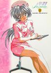  1990s_(style) 1girl black_hair brown_eyes chair character_name clipboard copyright_name crossed_legs feet_out_of_frame graduation_(series) hat holding holding_clipboard holding_pen inuzuka_saori long_hair looking_at_viewer non-web_source nurse nurse_cap office_chair official_alternate_costume official_art on_chair pen ponytail retro_artstyle scan short_sleeves sitting smile solo sotsugyou_ii:_neo_generation swivel_chair takei_masaki 
