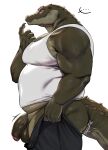 absurd_res anthro balls big_muscles bodily_fluids bottomwear bottomwear_down clothed clothing crocodile crocodilian flaccid foreskin genitals green_body green_scales hi_res humanoid_genitalia humanoid_penis kissxmaker male musclegut muscular muscular_anthro muscular_male pants pants_down partially_clothed partially_clothed_anthro partially_clothed_male pecs penis purple_eyes reptile scales scalie shirt side_view slightly_chubby slightly_chubby_anthro slightly_chubby_male solo sweat sweatdrop tail tank_top thick_tail topwear