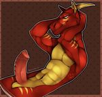  abs anthro balls big_penis dragon hands_behind_head hi_res horn invalid_tag jax_(shortytastic) looking_at_viewer male muscular pecs penis red_scales scales shortytastic sitting_up smile solo yellow_scales 