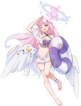  1girl absurdres alternate_costume angel_wings aqua_hair arm_up bikini blue_archive blush breasts cleavage crescent feathered_wings flower frilled_bikini frilled_bikini_bottom frilled_bikini_top frills full_body gold_thighlet gradient_hair hair_bun hair_flower hair_ornament halo highres holding holding_swim_ring long_hair low_wings medium_breasts miden_(setoharu_kano) mika_(blue_archive) multicolored_hair navel one_eye_closed open_mouth pink_hair pink_halo simple_background single_hair_bun single_side_bun smile stomach swim_ring swimsuit very_long_hair white_background white_bikini white_wings wing_ornament wings yellow_eyes 