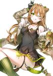  ;q black_dress black_gloves black_neckwear blush brown_hair dress fingerless_gloves food girls_frontline gloves green_eyes green_legwear highres holding holding_food ice_cream jacket kneehighs lium long_hair looking_at_viewer one_eye_closed rfb_(girls_frontline) smile solo striped striped_legwear tongue tongue_out v vertical-striped_legwear vertical_stripes white_background 