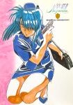  1990s_(style) 1girl bag blue_hair blue_hat blue_jacket blue_shoes blue_skirt character_name copyright_name female_service_cap full_body graduation_(series) grin gun handbag handgun hat holding holding_bag holding_gun holding_weapon ishibashi_misako jacket kneeling marker_(medium) miniskirt necktie non-web_source official_art pencil_skirt police police_hat police_uniform policewoman retro_artstyle scan semi-rimless_eyewear shoes short_sleeves skirt smile solo sotsugyou_ii:_neo_generation takei_masaki traditional_media weapon 