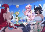  6+girls alternate_costume armpits arms_up ball bare_legs bare_shoulders beach_umbrella beachball bikini black_bikini black_hair blonde_hair blue_eyes blue_hair blue_one-piece_swimsuit blush bottle bracelet breasts chamber_dragonmaid cleavage collarbone cup disposable_cup dragon_girl dragon_horns dragon_tail dragon_wings drinking_straw duel_monster eyewear_on_head frilled_bikini frilled_bikini_bottom frilled_bikini_top frills green_bikini green_eyes green_hair grey_hair hand_fan heat_stroke highres holding holding_bottle holding_cup holding_fan horns house_dragonmaid jewelry kitchen_dragonmaid lady's_dragonmaid lap_pillow large_breasts laundry_dragonmaid long_hair looking_at_another looking_at_viewer looking_back medium_breasts multiple_girls navel nurse_dragonmaid one-piece_swimsuit open_mouth orange_eyes parlor_dragonmaid pink_bikini pink_hair ponytail red_hair red_nails smile stomach sweat swim_ring swimsuit tail umbrella visor_cap white_bikini white_nails wings yata_masahara yellow_eyes yu-gi-oh! 