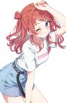  1girl absurdres arm_up belt blue_eyes blue_skirt blush breasts brown_hair commentary_request gakuen_idolmaster hair_bun hanami_saki highres idolmaster long_hair looking_at_viewer one_eye_closed open_mouth red_hair reikakrzk shirt short_sleeves simple_background skirt smile solo teeth two_side_up white_background white_shirt 