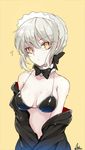  1girl artoria_pendragon_(all) artoria_pendragon_(swimsuit_rider_alter) bad_id bad_pixiv_id bare_shoulders bikini_top black_bikini_top black_bow black_jacket black_neckwear blonde_hair blush bow bowtie breasts choker closed_mouth collarbone eyebrows_visible_through_hair fate/grand_order fate_(series) hair_between_eyes hair_bow head_tilt highres huyou_(awegk) jacket looking_at_viewer maid_headdress medium_breasts off_shoulder open_clothes open_jacket short_hair sidelocks signature simple_background solo sparkle sweat tsurime undressing upper_body yellow_background yellow_eyes 