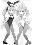  &gt;:( 2girls alternate_costume animal_ears artist_logo bare_shoulders blush bow bowtie breasts closed_mouth commentary_request covered_groin covered_navel detached_collar double_bun fake_animal_ears full_body greyscale hair_bun hair_ribbon hairband hand_on_own_hip high_heels highres kantai_collection kasumi_(kancolle) leotard logo long_hair looking_at_viewer michishio_(kancolle) monochrome multiple_girls pantyhose playboy_bunny rabbit_ears rabbit_tail ribbon shoes short_twintails side_ponytail small_breasts small_sweatdrop strapless strapless_leotard sweat tail tenshin_amaguri_(inobeeto) traditional_bowtie twintails v-shaped_eyebrows very_long_hair white_background wing_collar wrist_cuffs 