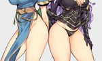  armor ass-to-ass breasts camilla_(fire_emblem_if) china_dress chinese_clothes cleavage dress fire_emblem fire_emblem:_rekka_no_ken fire_emblem_heroes fire_emblem_if gebyy-terar highres large_breasts long_hair long_sleeves lyndis_(fire_emblem) multiple_girls no_panties obi panties purple_hair sash short_sleeves simple_background standing thighs underwear vambraces white_background 