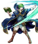  artist_request belt book boots cape fire_emblem fire_emblem:_monshou_no_nazo fire_emblem_heroes full_body green_eyes green_hair highres hood male_focus marich official_art open_mouth solo teeth transparent_background 