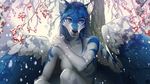  5_fingers anthro blue_eyes blue_feathers blue_hair blue_nose breasts canine day detailed_background feathered_wings feathers featureless_breasts female hair mammal outside solo wildering wings 