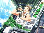  bare_shoulders black_gloves brown_hair clenched_hand clothes_around_waist cloud cloudy_sky collarbone confetti day dog_tags dutch_angle gloves grey_eyes idol idolmaster idolmaster_side-m jacket_around_waist looking_at_viewer male_focus microphone official_art open_mouth shingen_seiji sky sleeveless stage_lights 