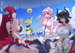  6+girls alternate_costume armpits arms_up ball bare_legs bare_shoulders beach beach_umbrella beachball bikini black_bikini black_hair blonde_hair blue_eyes blue_hair blue_one-piece_swimsuit blue_sky blush bottle bracelet breasts chamber_dragonmaid cleavage cloud collarbone cup day disposable_cup dragon_girl dragon_horns dragon_tail dragon_wings drinking_straw duel_monster eyewear_on_head frilled_bikini frilled_bikini_bottom frilled_bikini_top frills green_bikini green_eyes green_hair grey_hair hand_fan heat_stroke highres holding holding_bottle holding_cup holding_fan horns house_dragonmaid jewelry kitchen_dragonmaid lady's_dragonmaid lap_pillow large_breasts laundry_dragonmaid long_hair looking_at_another looking_at_viewer looking_back medium_breasts multiple_girls navel nurse_dragonmaid ocean one-piece_swimsuit open_mouth orange_eyes outdoors parlor_dragonmaid pink_bikini pink_hair ponytail red_hair red_nails sand sky smile stomach sweat swim_ring swimsuit tail umbrella visor_cap water white_bikini white_nails wings yata_masahara yellow_eyes yu-gi-oh! 