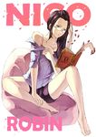  1girl alone black_hair blue_eyes book female flower_petals glasses long_hair nico_robin one_piece reading simple_background sitting tagme white_background 