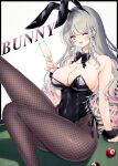  1girl ;d absurdres alcohol animal_ears ball billiard_ball black_bow black_bowtie black_leotard black_pantyhose bow bowtie breasts champagne cleavage cup detached_collar drinking_glass ear_piercing fake_animal_ears fishnet_pantyhose fishnets fur_wrist_cuffs gradient_hair grey_hair highres holding holding_cup large_breasts leotard long_hair multicolored_hair one_eye_closed open_mouth original pantyhose piercing pink_eyes pink_hair playboy_bunny pool_table rabbit_ears sana_(sanamaru_0w0) signature smile solo table wrist_cuffs 