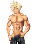  1boy abs bara blonde_hair blue_eyes cloud_strife final_fantasy final_fantasy_vii jewelry lostanemone male_focus muscle pants pecs simple_background solo tan tanned teeth 