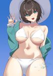  1girl absurdres aoi_erika black_hair blue_eyes breasts hat heaven_burns_red highres jacket large_breasts looking_at_viewer navel negino_yurine open_clothes open_jacket open_mouth short_hair swimsuit thighhighs waving 