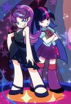  2girls :d :o alternate_skin_color argyle_clothes bare_arms bare_shoulders black_hair black_shoes blue_eyes blue_hair blue_nails blue_shirt blue_skirt blunt_bangs blunt_ends book bow bowtie breasts bright_pupils cleavage collared_shirt colored_inner_hair colored_skin commentary crossed_arms cutie_mark diamond_(shape) english_commentary eyeshadow film_grain frilled_skirt frills full_body grey_background grey_shirt grin hand_on_own_hip hand_on_own_thigh high_heels high_ponytail highres holding holding_book hugging_book hugging_object leg_warmers long_hair looking_at_viewer mai_liang_pi_xiang_jiang_qing_jiang_bi_ou_ti makeup medium_skirt miniskirt multicolored_hair multiple_girls my_little_pony my_little_pony:_friendship_is_magic nail_polish open_mouth panty_&amp;_stocking_with_garterbelt_(style) pink_bow pink_bowtie pink_eyeshadow pink_hair pleated_skirt ponytail puffy_short_sleeves puffy_sleeves purple_eyes purple_hair purple_leg_warmers purple_skin shirt shoes short_sleeves simple_background skirt sleeveless sleeveless_shirt small_breasts smile sparkle standing star_(symbol) star_print starlight_glimmer starlight_glimmer_(equestria_girls) straight_hair streaked_hair tongue twilight_sparkle twilight_sparkle_(human) very_long_hair white_pupils 