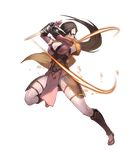  breasts brown_eyes brown_hair cleavage dagger fire_emblem fire_emblem_heroes fire_emblem_if full_body greaves hair_over_one_eye highres kagerou_(fire_emblem_if) lack large_breasts long_hair no_socks official_art ponytail sandals scarf solo transparent_background weapon 