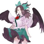  asakura_noi black_hair black_wings brown_eyes feathered_wings hair_ribbon long_hair looking_at_viewer open_mouth red_eyes reiuji_utsuho ribbon skirt smile solo third_eye touhou white_background wings 