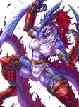  abs armor blue_scales breasts claws clothed clothing dragon ear_piercing fangs female fur hair hi_res hutago muscular muscular_female navel nipple_bulge piercing purple_hair red_eyes red_fur scales scalie skimpy solo sweat unconvincing_armor 