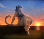  2017 4_toes angelica_(ashkelling) anthro blue_fur blue_hair bra breasts clothing dafka feline female fur hair mammal outside pink_nose sitting smile solo sunset toes underwear white_fur white_panther 