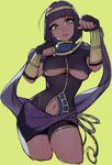  :p areola_slip areolae bangs blunt_bangs breasts cowboy_shot dark_skin egyptian eyebrows_visible_through_hair fingerless_gloves gloves green_eyes highres looking_at_viewer medium_breasts menat navel navel_cutout paw_pose shazhiqiao short_hair simple_background solo street_fighter street_fighter_v tongue tongue_out underboob vambraces yellow_background 