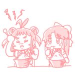  3: :3 antenna_hair brain_freeze double_bun ferret-san food hair_bun half_updo jintsuu_(kancolle) kantai_collection lowres monochrome naka_(kancolle) red_theme sailor_collar sailor_shirt school_uniform serafuku shaved_ice shirt short_hair spoon upper_body 