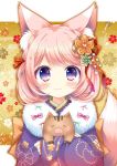  1girl :3 animal animal_ear_fluff animal_ears animal_hug bangs blush bow chinese_zodiac closed_mouth eyebrows_visible_through_hair fur_collar hair_bow hair_ornament highres japanese_clothes kimono long_sleeves looking_at_viewer new_year original pig pink_hair purple_eyes purple_kimono red_bow ryuuka_sane sleeves_past_wrists solo upper_body year_of_the_pig 
