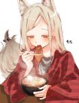  1girl absurdres animal_ear_fluff animal_ears arm_rest blonde_hair blush bowl chopsticks colored_eyelashes commentary_request eating flipped_hair food fox_ears fox_girl fox_tail gakuen_idolmaster grey_shirt half-closed_eyes hand_up hanten_(clothes) highres holding holding_chopsticks idolmaster jacket jio_(baku_zugogo) long_hair long_sleeves looking_down noodles orange_eyes ramen red_jacket shinosawa_hiro shirt simple_background sitting softboiled_egg solo table tail translation_request white_background wide_sleeves yagasuri 