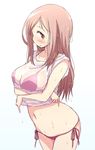 aikawa_chiho bikini bikini_under_clothes blush breasts brown_eyes collarbone commentary_request cowboy_shot groin large_breasts lifted_by_self light_brown_hair long_hair looking_at_viewer mel_(melty_pot) navel open_mouth pink_bikini see-through shirt shirt_lift side-tie_bikini simple_background sleeveless sleeveless_shirt solo standing stomach swimsuit wet wet_clothes wet_hair wet_shirt white_background white_shirt yuyushiki 