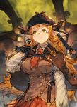  arm_at_side black_gloves blonde_hair blush breasts capelet closed_mouth collared_shirt commentary_request draph gloves granblue_fantasy green_eyes hat horns junwool large_breasts long_hair looking_away looking_up necktie pleated_skirt pointy_ears red_neckwear red_skirt sarya_(granblue_fantasy) shirt sketch skirt smile solo very_long_hair white_shirt wing_collar 