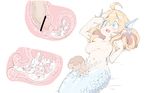  1girl ahoge bar_censor blonde_hair blue_eyes blush breasts censored cum cum_in_pussy disembodied_penis egg head_fins insemination ls-lrtha lying mermaid monster_girl on_back open_mouth original penis sex solo_focus vaginal 