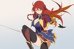  alternate_breast_size black_gloves black_legwear blue_eyes boots braid breasts cleavage cleavage_cutout frown gloves large_breasts long_hair looking_at_viewer multicolored_hair orange_hair re:creators red_hair selesia_upitiria simple_background solo squatting sword thighhighs twin_braids two-tone_hair weapon yostxxx 