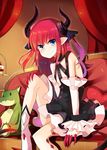  asymmetrical_horns bangs blue_eyes blush cake commentary_request couch detached_sleeves dragon_girl dragon_tail dress elizabeth_bathory_(fate) elizabeth_bathory_(fate)_(all) eyebrows_visible_through_hair fang_out fate/extra fate/extra_ccc fate_(series) flat_chest food hand_on_own_knee horns indoors leg_up long_hair looking_at_viewer onigensou pink_hair pointy_ears sitting smile solo stuffed_animal stuffed_dragon stuffed_toy tail two_side_up 