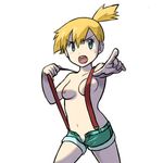  1girl arm_up armpits blue_eyes blue_shorts blush breasts bule collarbone eyebrows_visible_through_hair hand_up highres kasumi_(pokemon) legs_apart medium_breasts navel nipples no_panties open_fly open_mouth orange_hair outstretched_arm pointing pokemon pokemon_rgby ponytail short_hair short_shorts shorts side_ponytail simple_background solo standing suspenders sweat teeth tied_hair topless white_background 