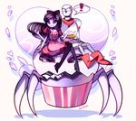  1boy 1girl alternate_costume alternate_hair_length alternate_hairstyle armor commentary dress extra_eyes fangs heart highres insect_girl monster muffet muffet's_pet multiple_arms open_mouth papyrus_(undertale) riding rotodisk scarf simple_background sitting skeleton smile undertale 